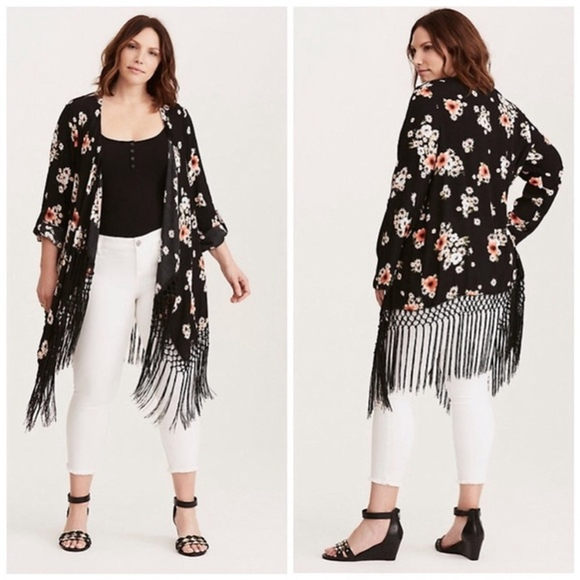 Torrid Kimono Black Floral Fringe Open Front - Picture 2 of 8
